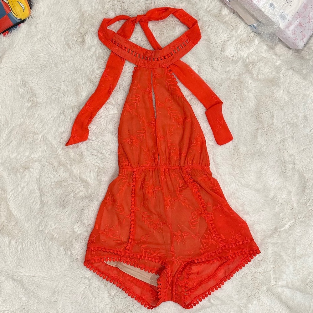 Luxxel Bright Red Lace Halter Romper